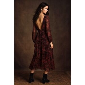 IRO Paris Silk Chiffon Dress Red Black Sheer Long Sleeve Deep V Back Boho 8-10